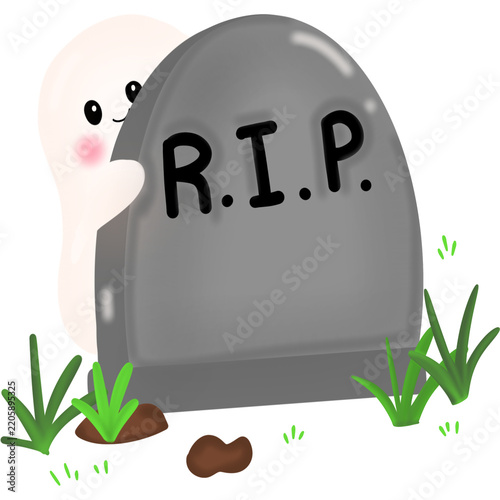 Cute ghost peeking behind tombstone Halloween celebration