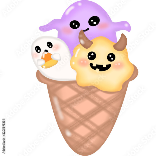 Cute Halloween ice cream cone with ghost and monster spooky dessert