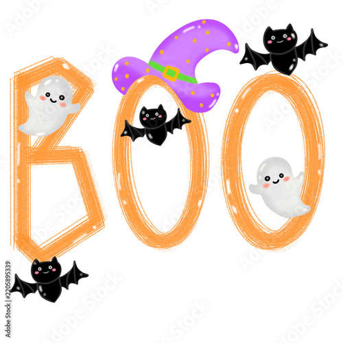 Boo text with cute ghosts bats and witch hat halloween holiday