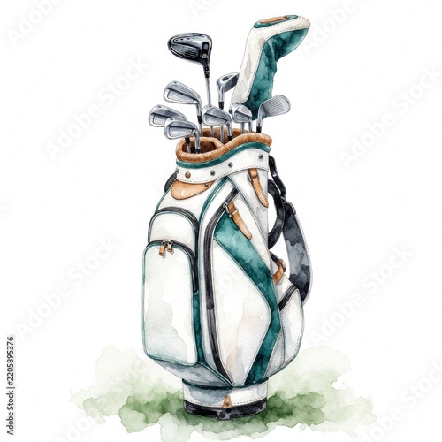 Watercolor art of golf bag with clubs. Pro sport equipment set isolated on white background. Hand drawn illustration shows golf gear for hobby competition. Luxury accessories for player include