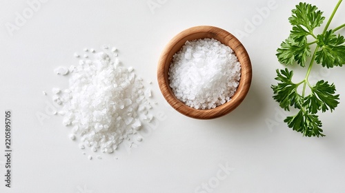 Coarse Salt Wooden Bowl Herb Overhead, Seasoning Ingredients