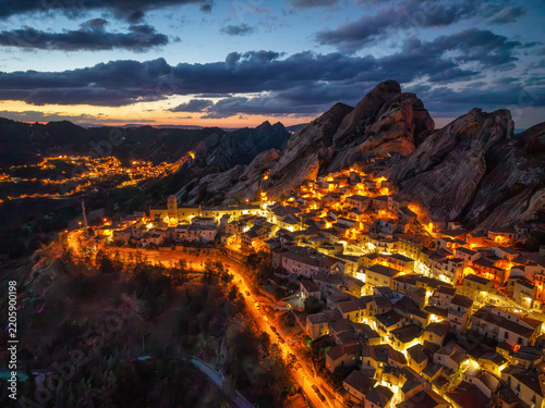 Aerial View of Castelmezzano Village at night in Basilicata Italy