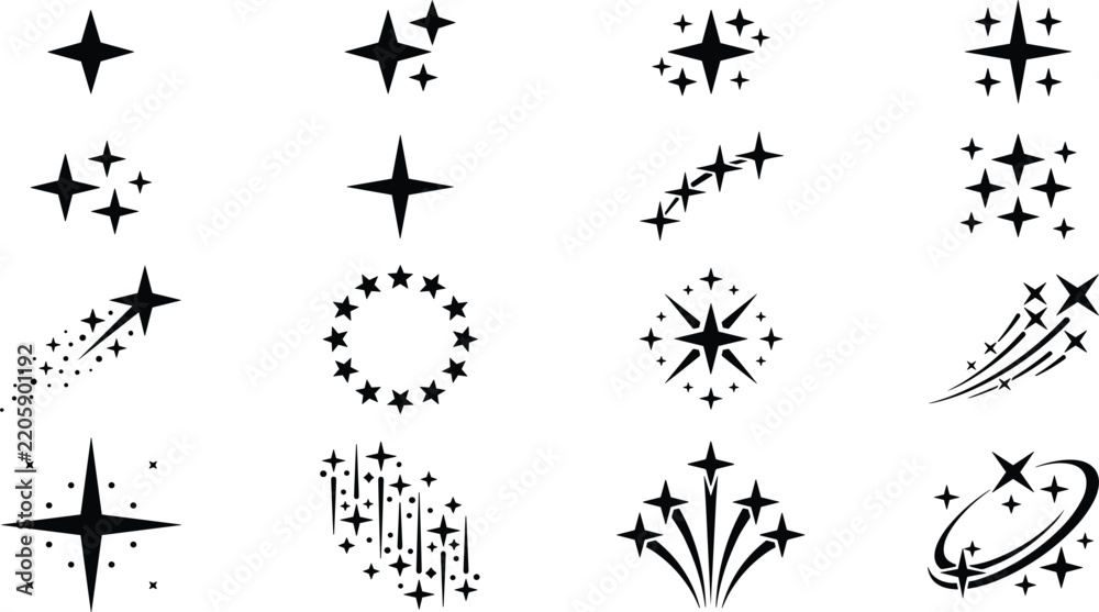 Obraz premium Black Sparkle Star Vector Icon Set with Minimalist Twinkle Glint and Shooting Star Elements for Magic Festive Graphic and UI Designs