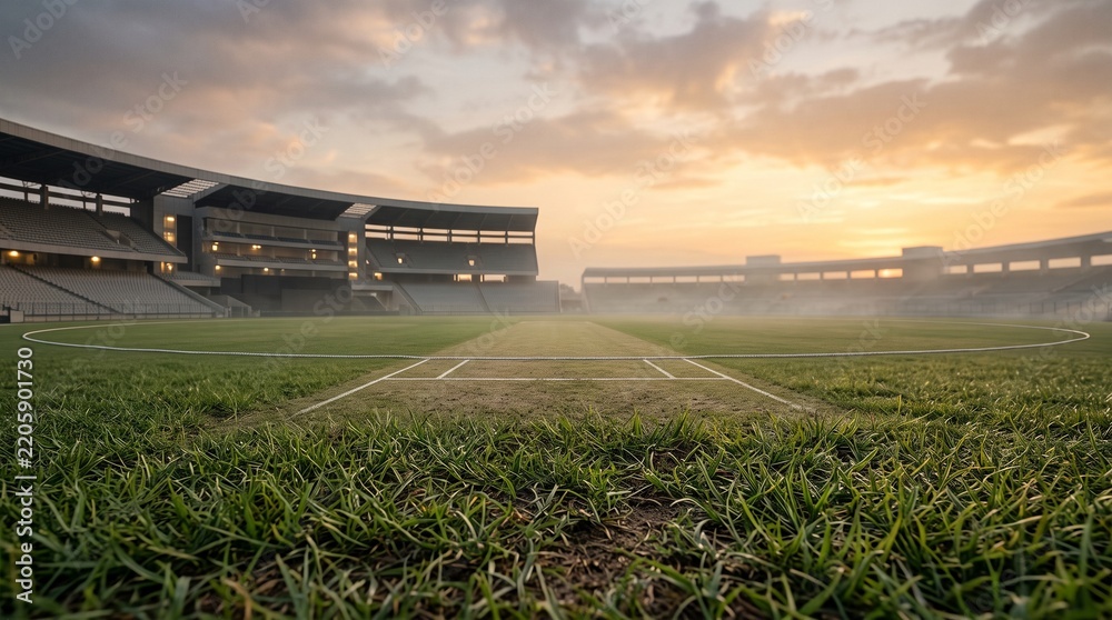 Fototapeta premium Empty football stadium with green grass pitch and grandstands at sunset