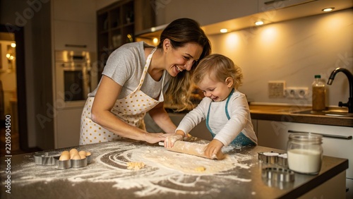 Joyful mother and toddler baking cookies together in the kitchen, covered in flour, capturing messy fun, love, and early childhood learning moments.
