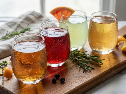 zero proof botanical beverage tasting flight Four colorful sparkling drinks in glasses on wooden board with garnish