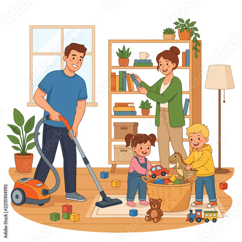 Happy Family Cleaning Living Room Together with Vacuum and Toys