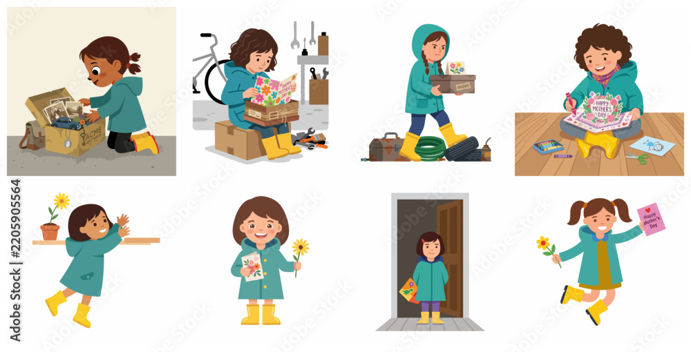 Fototapeta premium Cute little girl making DIY Mother's Day card and gifts illustration set, happy childhood memories concept
