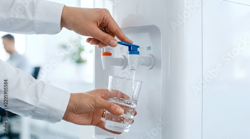 Worker Pouring Water from Cooler Dispenser into Glass – Office Corporate Employee Wellness Banner