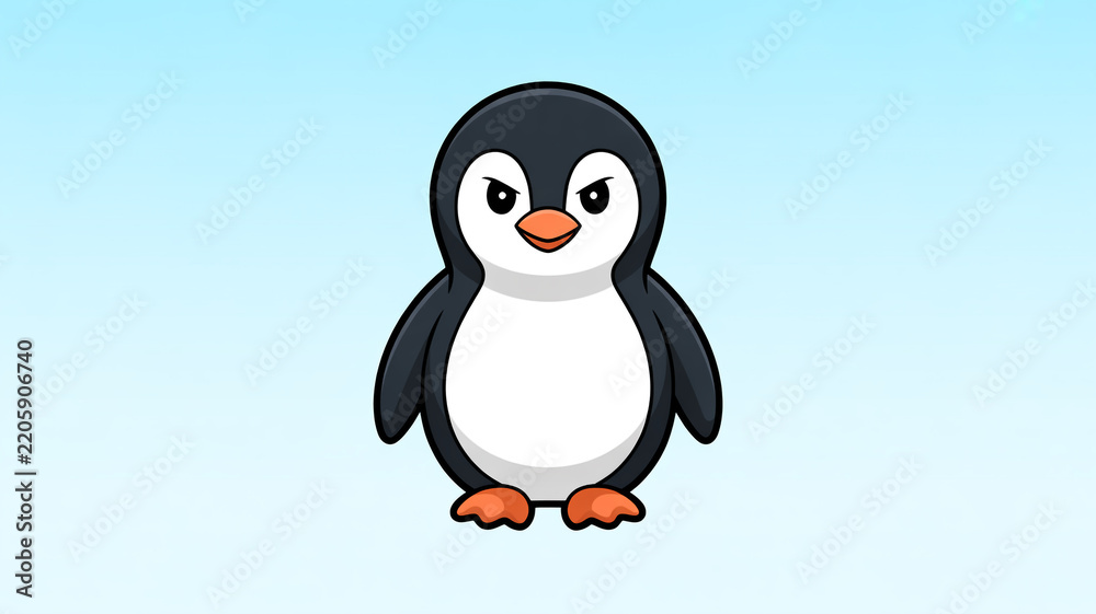 Obraz premium Cute Cartoon Penguin on Snow in Winter Wonderland, Funny Baby Bird Character in Antarctica Ice and Snow, Christmas Holiday Nature Illustration for Happy Seasonal Design