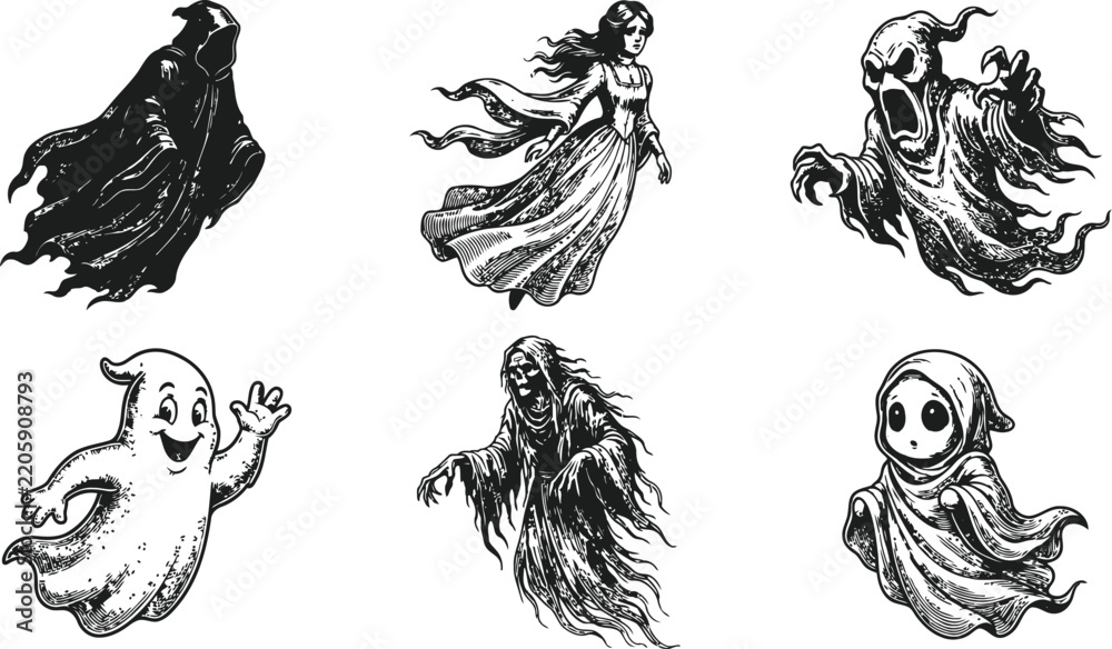 Fototapeta premium Various whimsical ghost illustrations in a clean hand-drawn style against a white background for creative projects