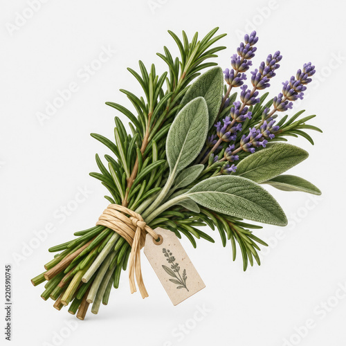 Fresh Rosemary Sage and Lavender Herb Bundle Isolated on White Background