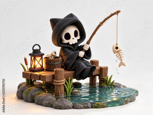 Cute Grim Reaper Fishing on Wooden Dock with Lantern and Skeleton Fish