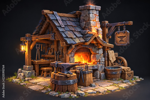 Stylized Medieval Blacksmith Forge Workshop with Anvil and Glowing Furnace