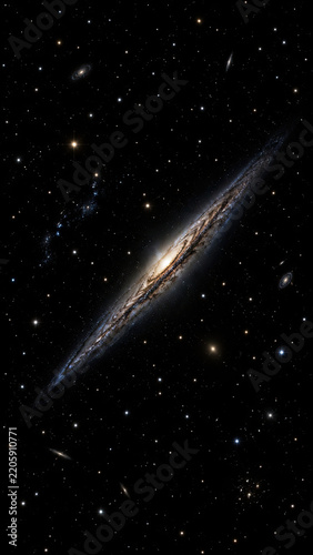 Edge On Spiral Galaxy Surrounded by Stars in Deep Space