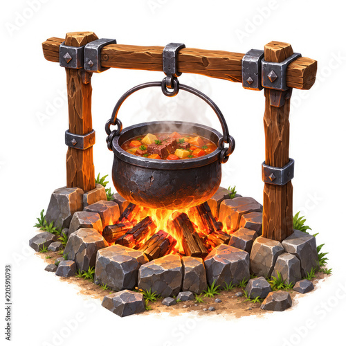 Rustic Campfire Cooking Pot with Stew Hanging Over Open Flame