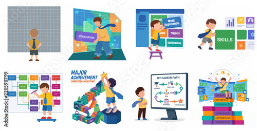 Foto Career Path and Personal Development Concept Illustrations of a Young Boy Buildi