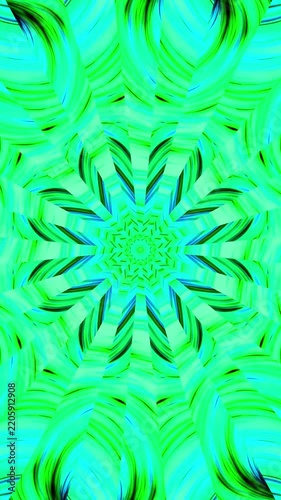 Vibrant Green and Blue Abstract Kaleidoscope Pattern with Dynamic Swirls and Radial Symmetry.