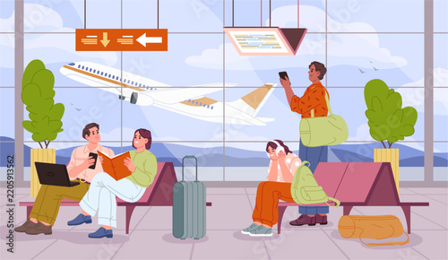 Travelers inside airport terminal waiting for departure. People sitting near directional signs and flight information displays. Vector public lounge, everyday passenger activity and aviation travel