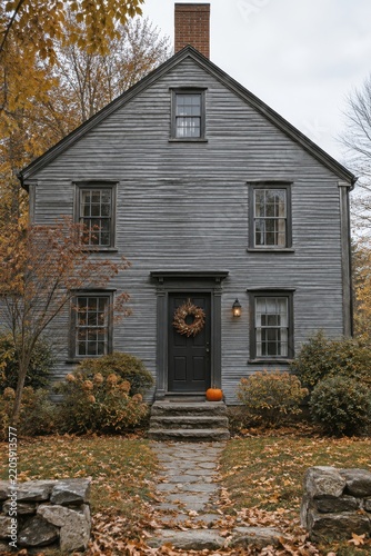 gray wooden house stands beneath autumn trees