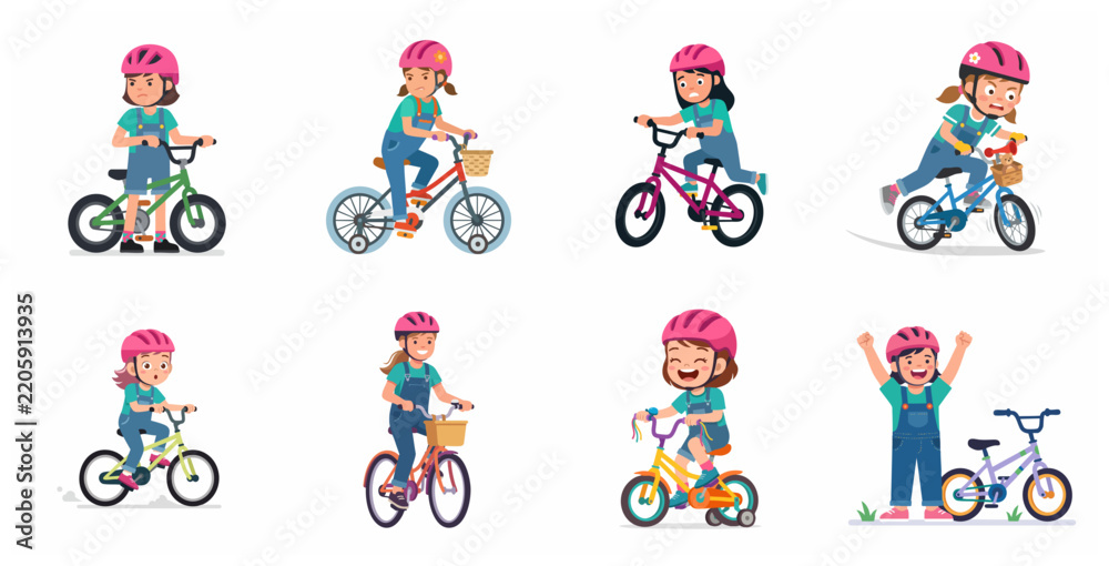 Fototapeta premium Set of Little Girl Character Learning to Ride a Bicycle with Different Emotions and Expressions, Child Cycling Progress from Frustration to Success Cartoon Illustration
