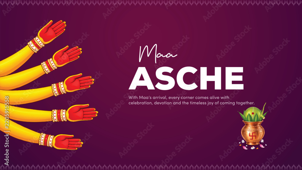 Obraz premium Maa Asche Durga Puja greeting featuring symbolic hands, traditional bangles, sacred kalash, and Bengali festive elements.