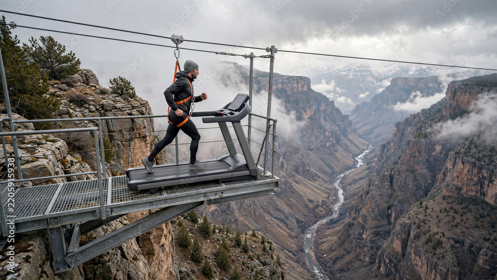 Obraz premium Man on a treadmill on a cantilevered platform over a canyon wearing a safety harness at high altitude