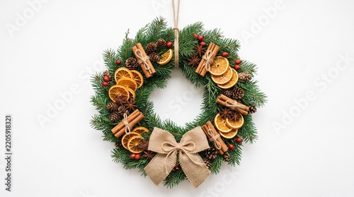 Christmas Wreath with Red Bow and Green Evergreen Fir Branches Isolated on White Background, Festive Holiday Decoration for Winter Celebration and Xmas Season