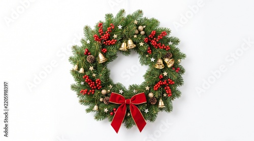 Christmas Wreath with Red Bow, Holly Berries and Green Fir Garland Isolated on White Background for Holiday Decoration and Winter Celebration
