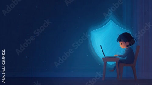 Child sitting at a desk using a laptop with a glowing digital shield icon