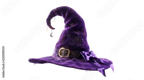 Purple witch hat with celestial charms and belt with symbols dark leather on transparent background with dangling moon star charms, belt golden buckle, silk bow dangling
