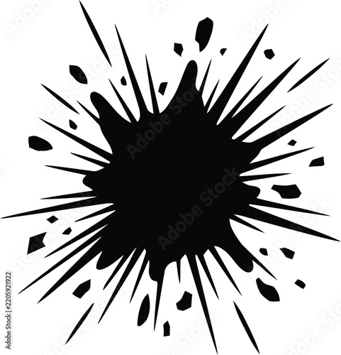 This image features a black ink splatter with sharp, irregular edges against a white background. 