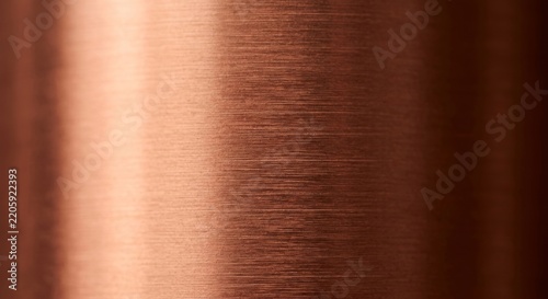 Close-up of brushed copper metal surface with fine horizontal grain lines and a soft reflective highlight on a curved cylinder - warm metallic texture background for luxury and product design
