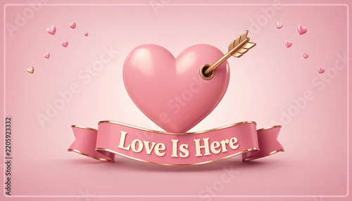 Pink heart pierced by golden arrow with ribbon reading love is here on soft pink background