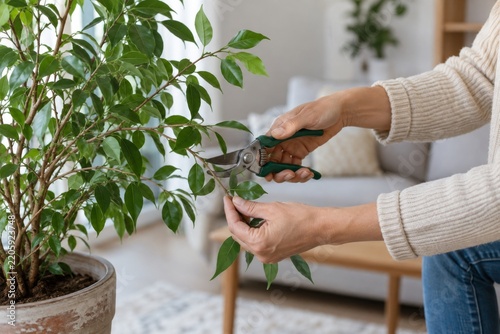 Hands Pruning Branch of Indoor Potted Tree