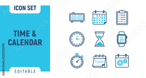 Time and calendar icon set, flat line vector illustration of schedule, clock, watch, hourglass, and date planner symbols for business and management