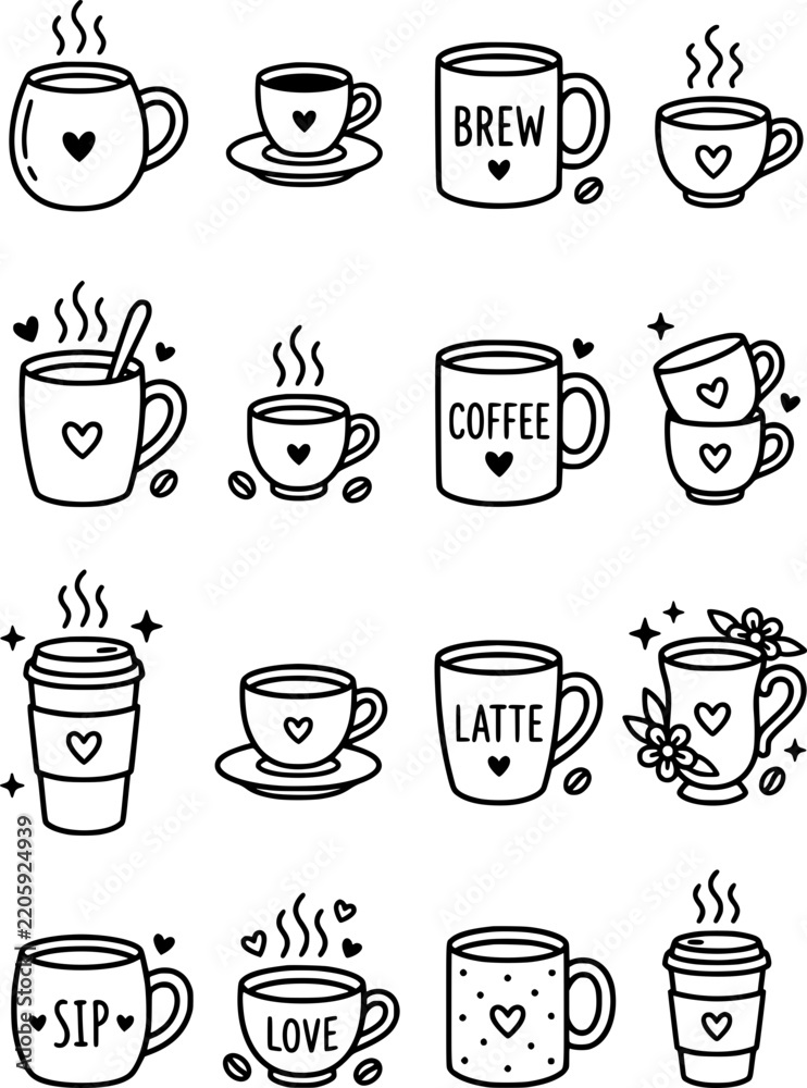 Obraz premium Cute hand drawn coffee cup icons set, black and white hot drink mugs outline line art, cafe beverage vector illustrations