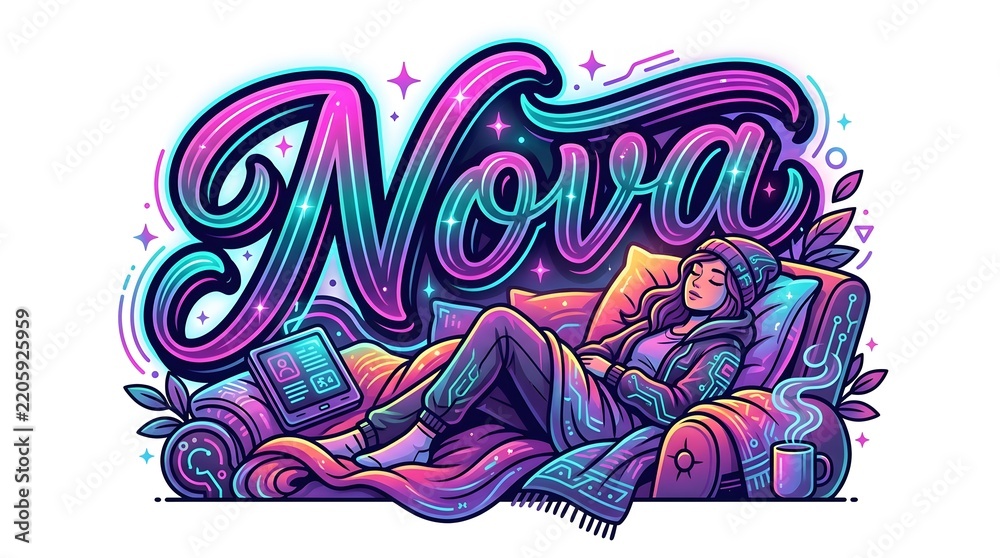 Fototapeta premium Girl Sleeping on Couch with Nova Neon Typography Cyberpunk Style