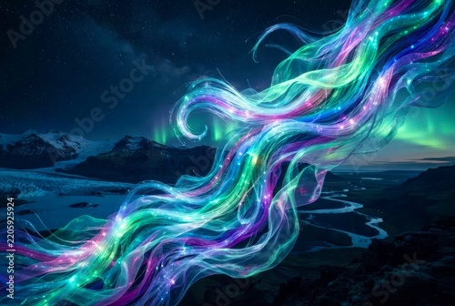 Vibrant auroras swirl through a starlit night sky