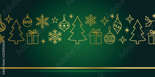 Gold line art christmas elements border on a dark green background with new year