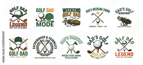 Father's Day golf dad badge collection with vintage typography and icons
