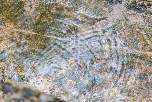 Clear water flowing over mossy rock texture closeup, natural stream nature background