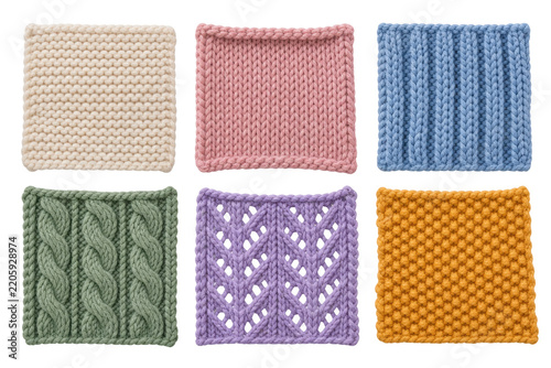 Six distinct knitted fabric swatches, showcasing various textures and colors: cream rib knit, pink stockinette, blue vertical rib, green cable knit. , transparent background, AI generative