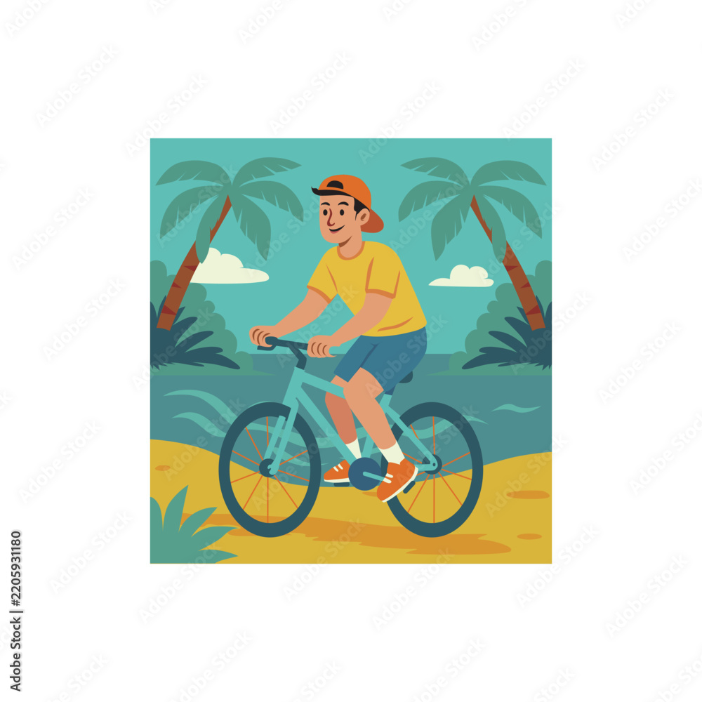 Obraz premium Happy young man cycling on tropical beach near palm trees, summer vacation lifestyle cartoon vector illustration for poster or banner design