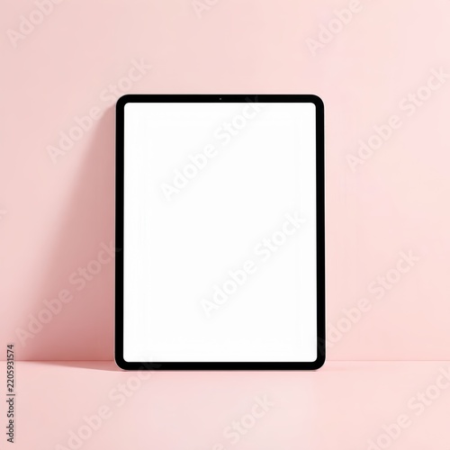 white tablet screen mockup leaning on pink background, front view