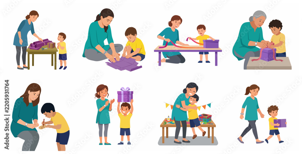Fototapeta premium Set of illustrations of a mother, grandmother and a boy wrapping gifts, preparing for a birthday or holiday celebration