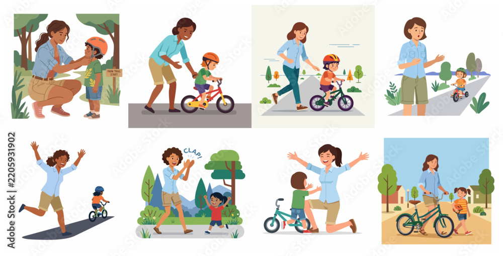 Fototapeta premium Vector illustration set of a mother teaching her child to ride a bicycle in the park, focusing on parenting, safety, and childhood milestones.
