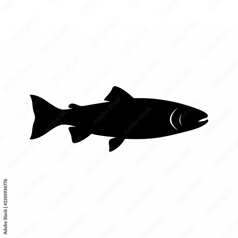 Obraz premium Black silhouette of a salmon fish swimming isolated on a clean white background, minimalist graphic vector icon suitable for seafood logo and sport fishing design.