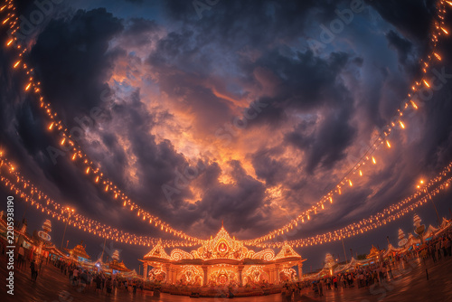 Glowing Durga pandal at night with diya lamps and festive lighting.
