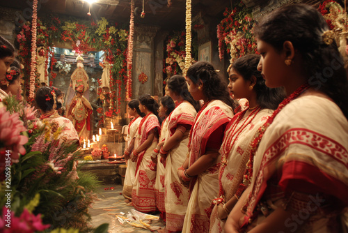 Kumari Puja with young girls dressed in traditional attire during Navratri.
